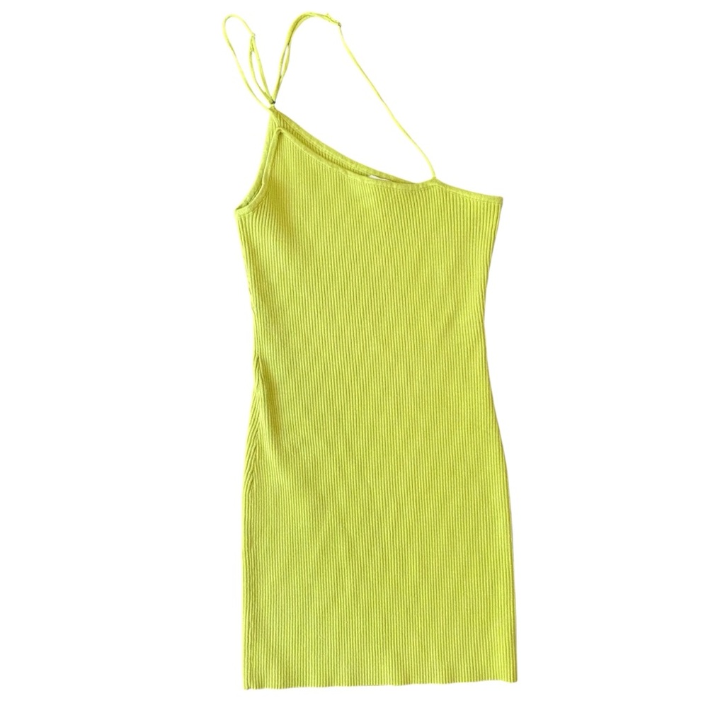 Beige Botany Strappy One Shoulder Mini Dress Large Lime Ribbed Knit Bodycon